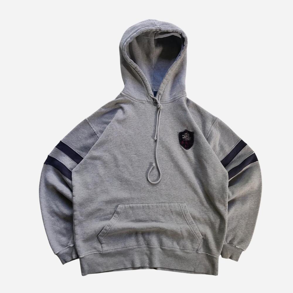 vintage Polo Ralph Lauren grey hoodie with navy stripes and embroidered logo